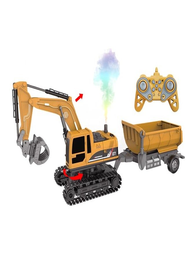 HONGID Remote Control Excavator Toy with Light Effects, Construction Vehicle with Dump Trailer, Yellow - Image 1